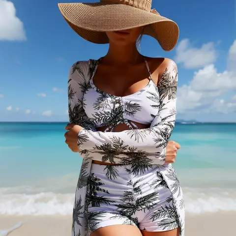Women's 3-Piece Beach Bikini Swimsuit Set - Premium Stretchy Blend, Quick-Dry Leaf Print, V-Neck Top, Tummy Control High-Waisted, Boxer-Style, Drawstring Waist, Full Coverage Long Sleeve Breezy Cover-Up, UV Protection