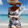 Women's 3-Piece Beach Bikini Swimsuit Set - Premium Stretchy Blend, Quick-Dry Leaf Print, V-Neck Top, Tummy Control High-Waisted, Boxer-Style, Drawstring Waist, Full Coverage Long Sleeve Breezy Cover-Up, UV Protection