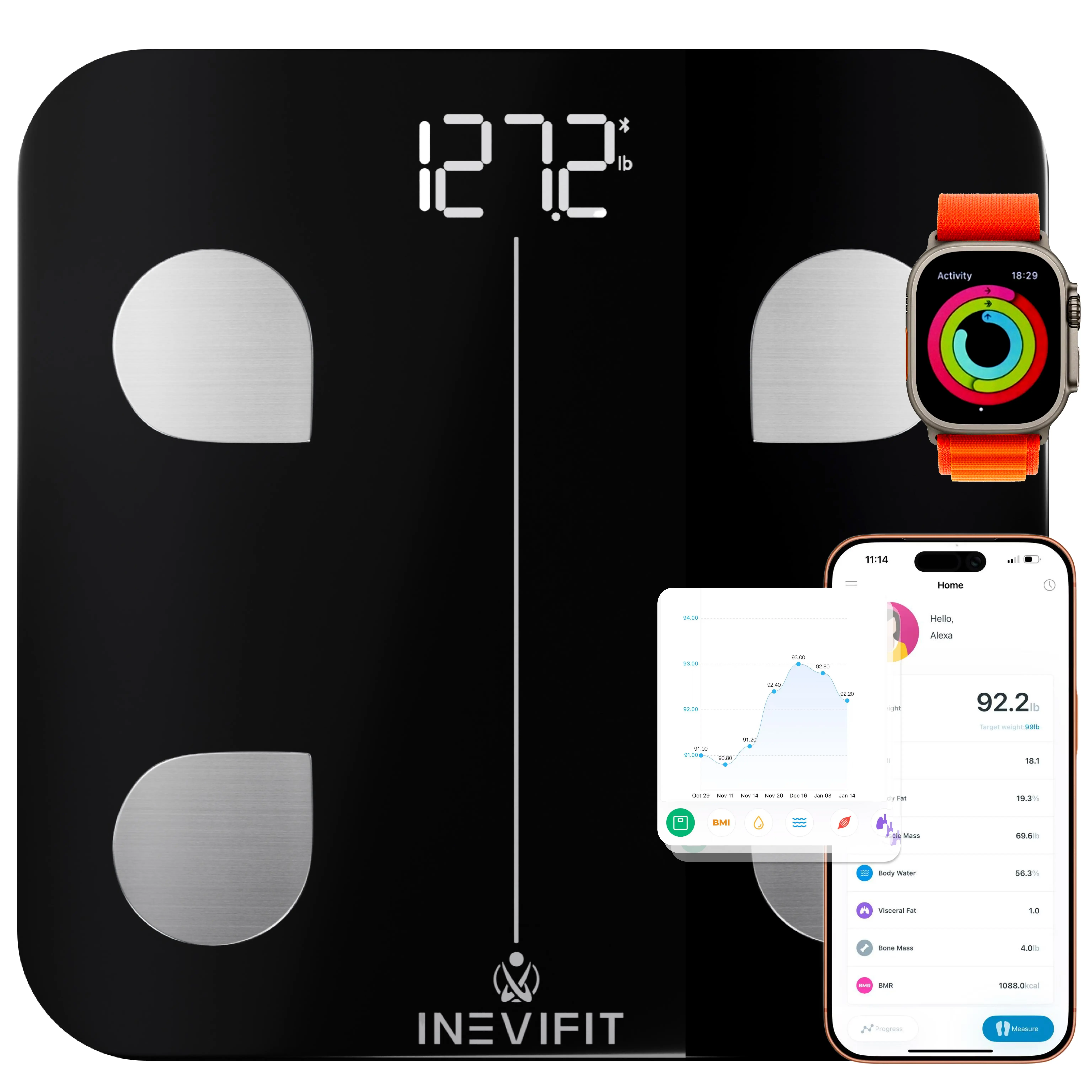 INEVIFIT Smart Body Fat Scale, Highly Accurate Bluetooth Digital Bathroom Body Composition Analyzer, Measures Weight, Body Fat, Water, Muscle, Visceral Fat & Bone Mass for Unlimited Users