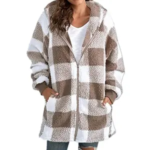 Women's New Plaid Sherpa Hooded Jacket Long-Sleeve Zip & Pocket Loose Outer wear Warm Versatile for Daily & Casual Outings Womenswear Sweatshirts Black Winter Tops