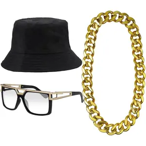 3 PCS Hip Hop Costume Accessories with Bucket Hat Sunglasses Gold Chain Necklace for 80s/90s Men Women Fashion Accessories