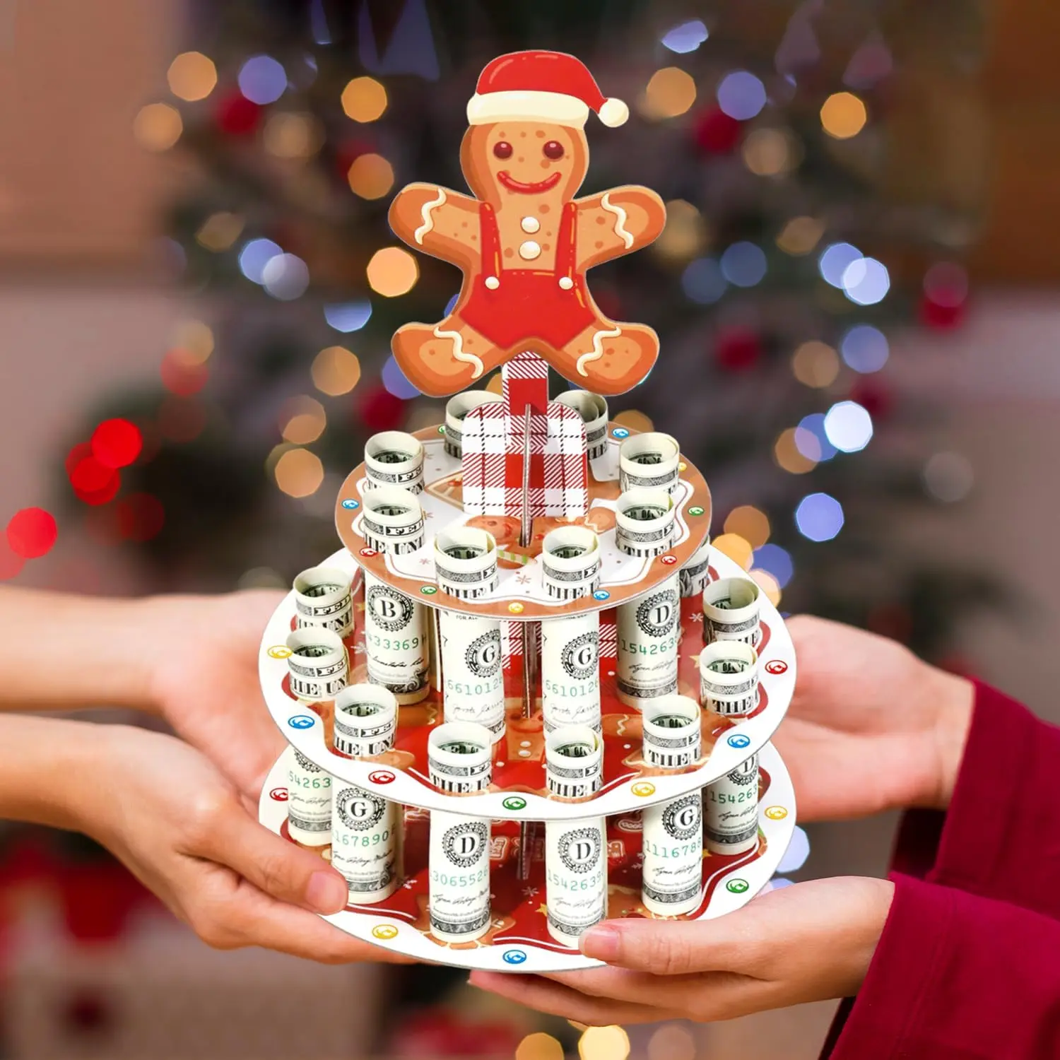 Gingerbread Man Christmas Money Holder - 12 in 12-Inch-Tall Festive Paper Cash Cake Stand, 20 Bill Slots 20 Slots for Rolled Bills Holiday Season Surprise Gift for Kids, Paper Party Supply