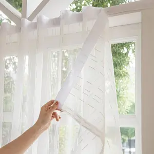 1pc White Striped Decorative Window Curtain, European Style Luxury Modern Minimalist, Self-Adhesive, Easy Install No Tools Needed, UV Protection For Bedroom, Living Room, Dining Room, Doorway, Kitchen