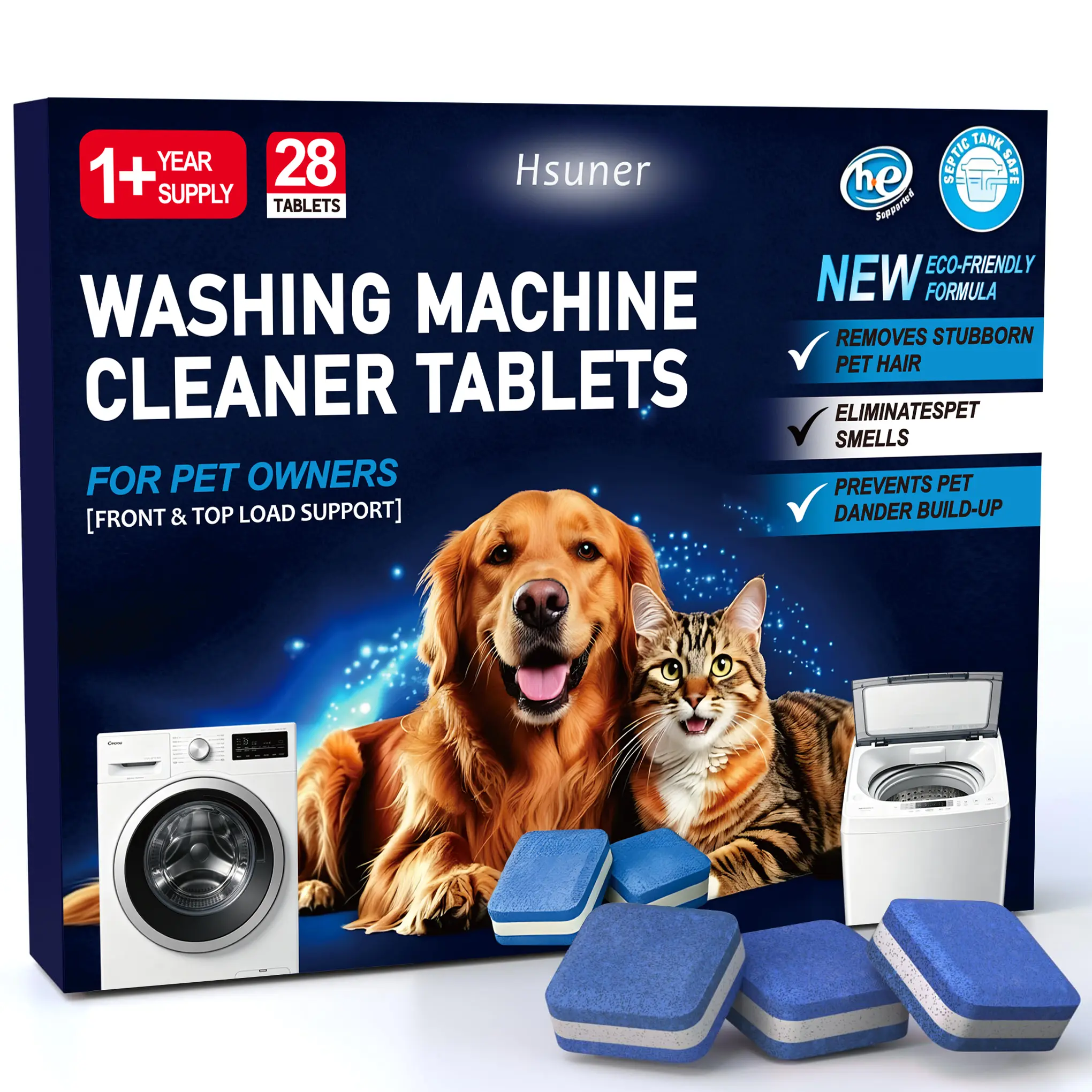 Washing Machine Cleaner Pro Tablets for Pet Owners - 28 Pack, Front & Top Load Washer Deep Cleaning, Septic Tank Safe, HE Support, Remove Stubborn Pet Hair, Eliminates Smells, Prevents Dander Build-up