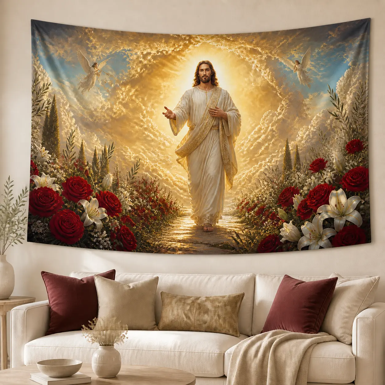 Heavenly Jesus Wall Tapestry, Angels and Red Roses Christian Religious Art, Lightweight Linen Fabric Wall Hanging for Living Room or Prayer Room