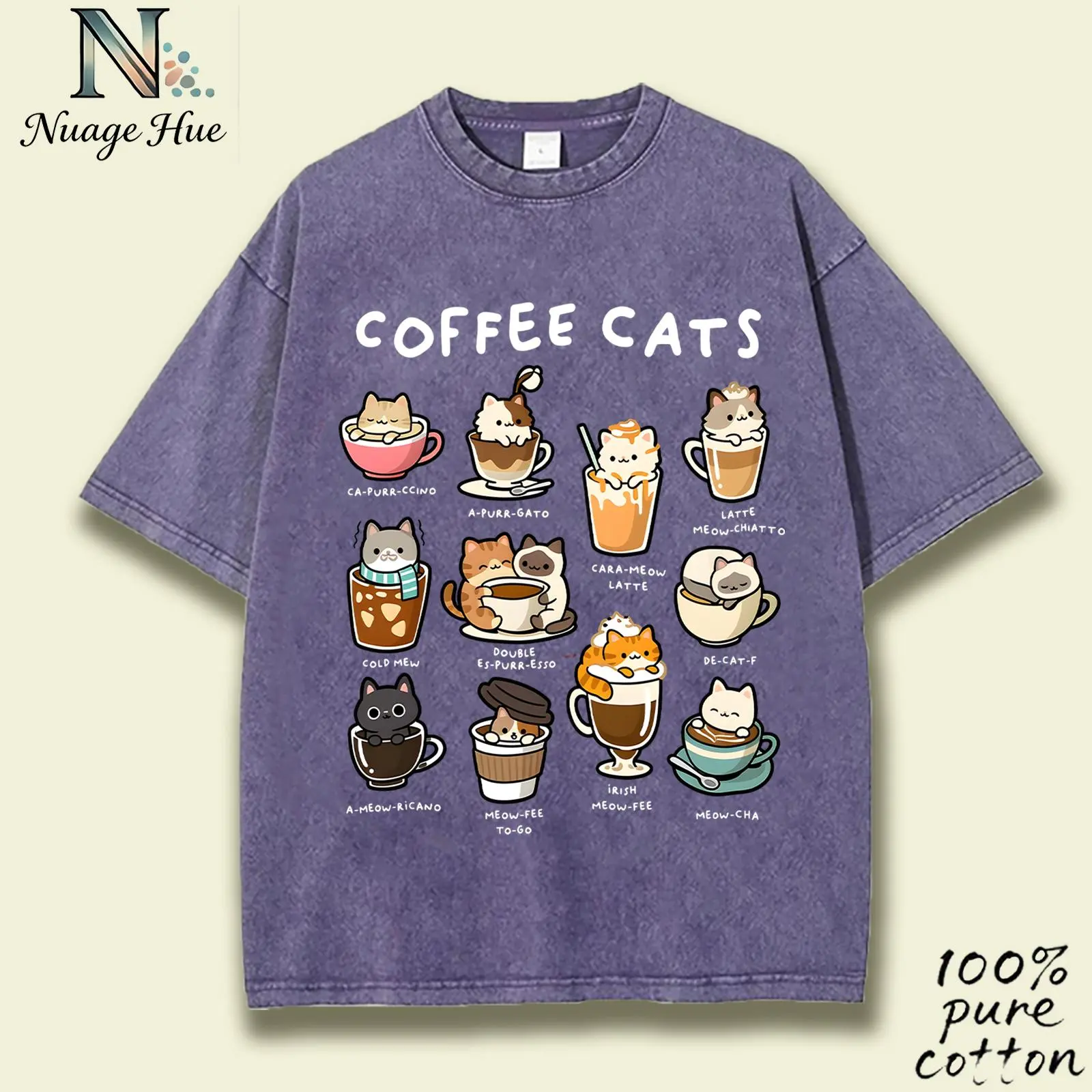 Coffee Cat Beverage Printed Women's T-shirt | Washed T-shirt Comfortable, Soft, Fashionable, Elegant, Retro Style, Round Neck, Medium Stretch Fabric, Suitable for All Seasons, Mother Plot Holiday Gift TikTok Shop Deals
