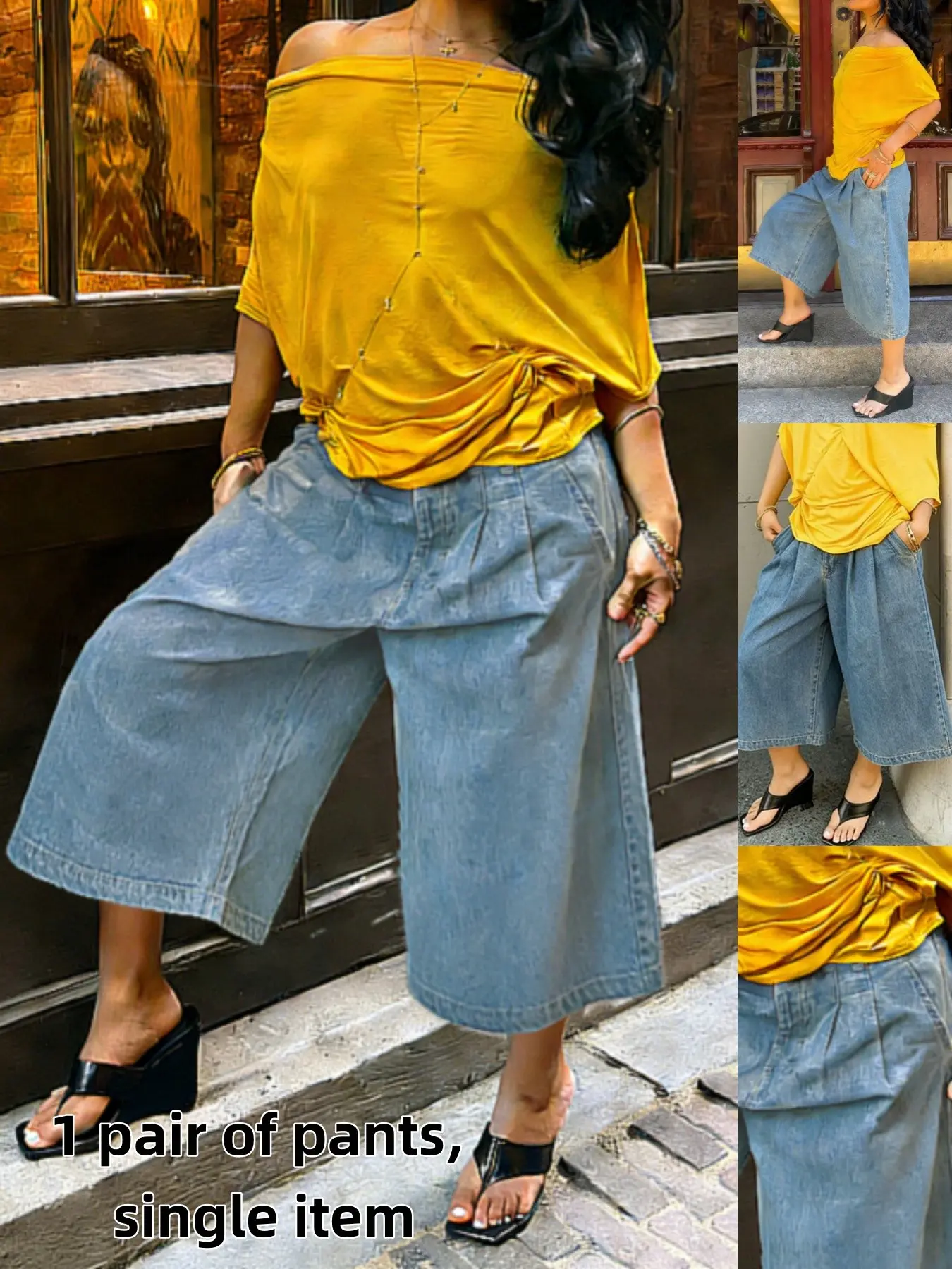 Women's Vintage Streetwear Jeans, Casual Loose Fit Wide Leg Bottom Pants, Fashionable Trend Workwear Style, All Seasons Everyday Wear, Plain Pattern, Womenswear