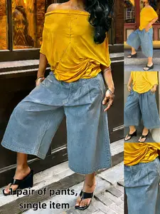 Women's Vintage Streetwear Jeans, Casual Loose Fit Wide Leg Bottom Pants, Fashionable Trend Workwear Style, All Seasons Everyday Wear, Plain Pattern, Womenswear