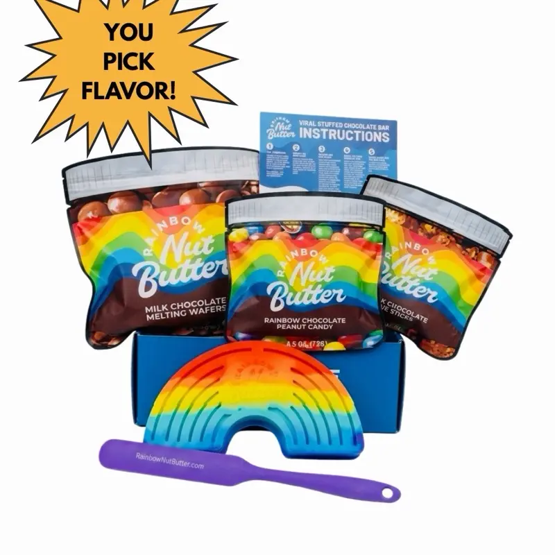 Rainbow Nut Butter DIY Chocolate Making Kit Gift Box - You Pick Flavor, Reusable Silicone Mold, Melting Wafers, Silicone Wand, Instructions | Creamy Milk Dessert Snack Kit