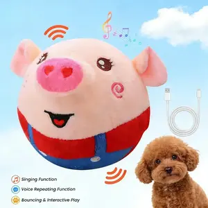 Interactive Dog Toys Active Moving Pet Plush Toy Rechargeable Jumping Squeaky Dog Ball with Recording Music Modes Talking Washable Cartoon Pig for Dogs Puppies Blue Red 17x12.5x12.5cm