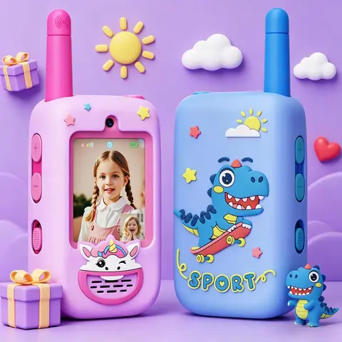 Kids Video Walkie Talkies 2-Pack with Box, HD Real-Time Video & Camera, 4 Voice Changers, Colorful Sticker Filters, Remote Control, ABS Material, Long-Range Rechargeable Toy, Silicone Cover, Travel Gift for Boys, Holidays
