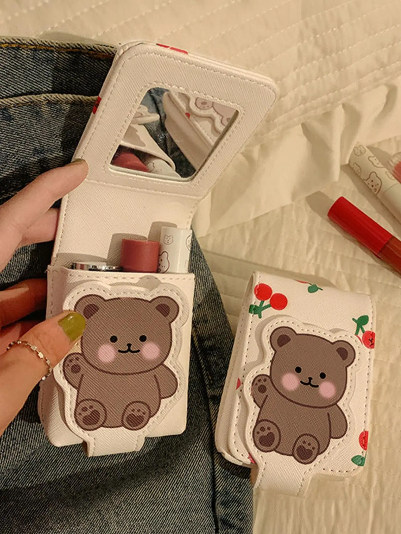 Father's Day Gifts, Cute Cartoon Bear & Cherry Pattern Makeup Bag with Mirror, Back To School, Portable Travel Makeup Bag, Cosmetic Storage Bag, Makeu