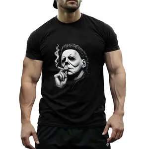 Men's Smokin' Michael Myers Halloween T-Shirt - Soft Cotton, Short Sleeve, Crew Neck, Breathable & Stretchy Fabric, Black Horror Graphic Tee for Casual Wear & Costumes