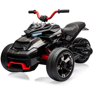 12V 3 Wheeler Ride On ATV Electric Motorcycle, Battery Powered Electric Vehicle w/Led Lights,High & Low Speed,Horn,Music,USB,Treaded Tires,Ride On Car for Kids Gift,Black