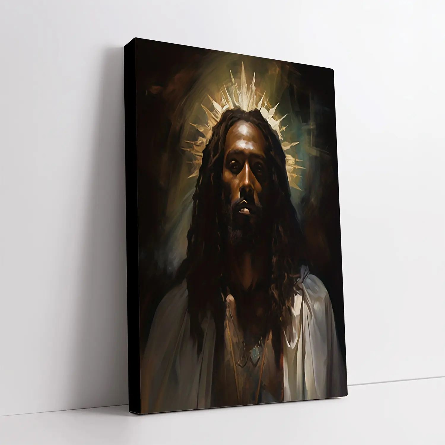Religious African American Jesus Portrait Canvas Art - Wooden Framed with Artificial Leather Accent, Ready-to-Hang Religious Decor, Indoor Home Supply Ideal Holiday Gift, Indoor Decor