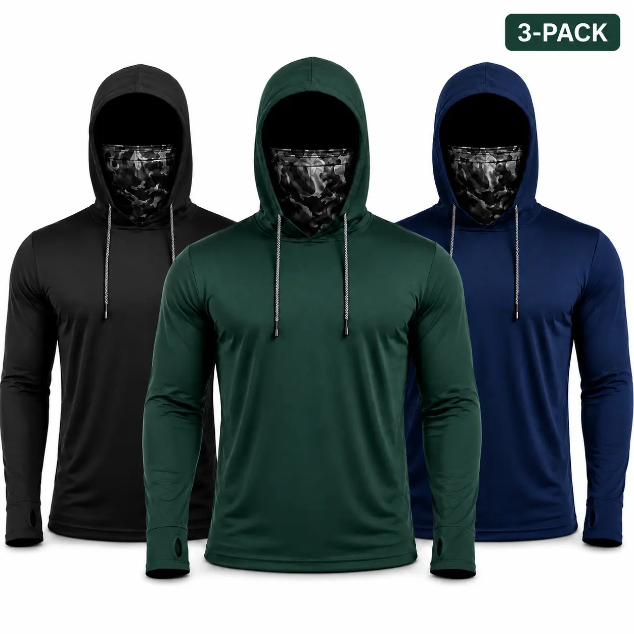 3-Pack Men's Sun Protection Hoodies with Built-in Face Cover & Thumbhole Cuffs, Lightweight UPF 50+ Quick Dry Long Sleeve Fishing Shirts for Outdoor Work, Hiking, Camping & Daily Wear, Breathable Sports Wear, Male, Regular Fit, 3-Pieces, Dry Fit Performan