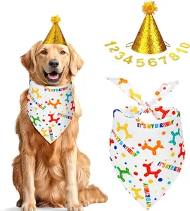 Dog Birthday Outfit, Gold Dog Birthday Hat and Bandana with Numbers for Small Medium Dogs, Dogs Supplies for Celebrating Party