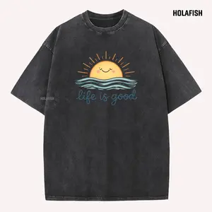 Holafish Acid Wash T-shirt Vintage Crew Neck Tee Shirt, Heavy Cotton Soft Breathable Fabric, Simple Daily Look, Comfortable All-Day Wear for Street Style Mothers Day Gift