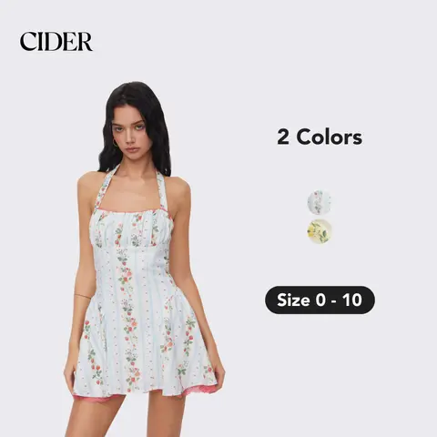 Cider Women's Cute Sleeveless Linen Blend Halter Neck Strawberry Floral Mini Dress - Lace-Up Detail, Ruffles, Easy Glam for Vacation, Casual Going Out Occasions