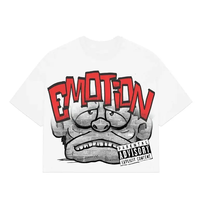 [NO RHINESTONES] Y2K Grunge Streetwear Graphic Tee Frowning Brick Face Red Emotion Print White Cotton Blend Boxy Crop Top Premium Oversized T-Shirt Harajuku Skater Edgy Hip Hop Aesthetic US Gift