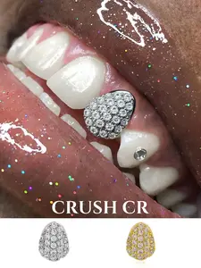 CRUSH CR 14K Gold Plated Iced Out Oval Single Tooth Grillz, Tooth Gem for Woman, Paved with 5A CZ Stones in Silver/Gold, Perfect for Daily Commutes, Brunch Dates, Y2K Aesthetic Outfits, Music Festivals, Club Nights and TikTok Photoshoots