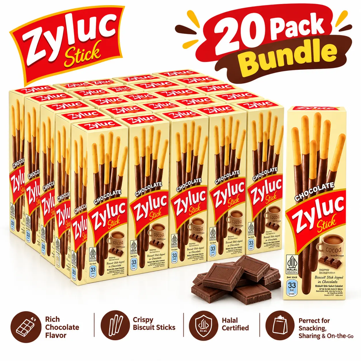 Zyluc Chocolate Biscuit Sticks 20-Pack Bundle, Cocoa-Dipped Crunchy Sweet Snacks, 33g Individual Packs, Halal Certified, Non-GMO, No Trans Fat, Convenient Chocolate Treats for Sharing, Parties & On-the-Go Snacking