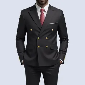 Men Double Breasted Suit Black Slim Fit High Quality Wedding Costume Party Prom Gold Button Male Suits Menswear Formal
