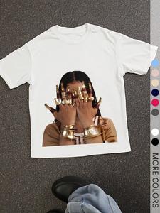 women's round neck ring finger print tee, fashion casual short sleeve t-shirt for daily wear, ladies summer clothes, top