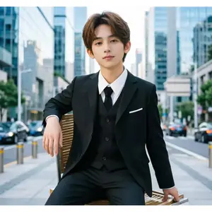[4pcs Set] Boys' Korean Style Suit Set: Black Suit Jacket, Vest, Trousers, And Tie.Suitable for Spring, Autumn, Winter, Christmas, Parties, Weddings, Emcees, Performances, Stage Celebrations, And More