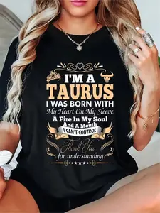 A Women'S T-Shirt Showcasing a Taurus Design. It Features a Heart on The Sleeve, a Black Casual Top with Golden Text, a Cozy Crew Neck,  Women Summer Top