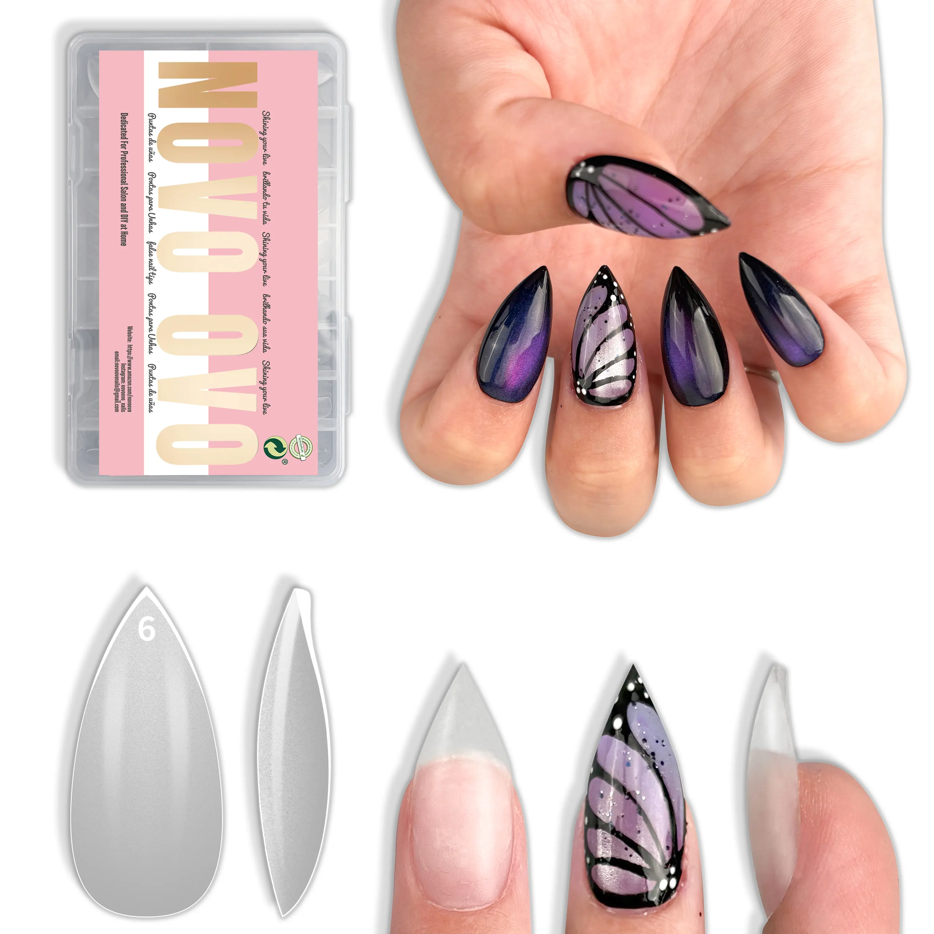 NOVO OVO Short Sharp Stiletto Press-On Tips Set - PMMA Extra Thick Soak-Off Soft Gel, 1.5x Stronger Pre-Shaped Pointed Profile Full Cover, 0.94in Max Length for DIY Home Salon | Press-On/Tips Set/Stiletto Extension False Nails & Accessories