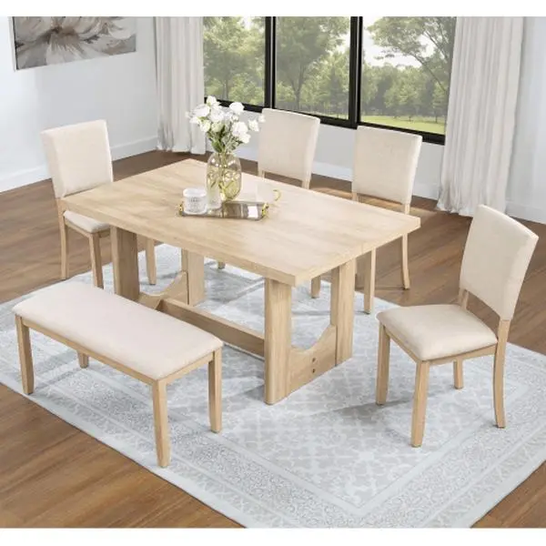 6-Piece Modern Dining Table Set with 4 Chairs and Bench Rubber Wood & MDF Beige Linen Eco-Friendly Durable U-Shaped Base