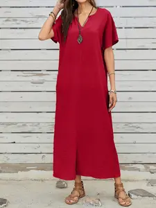 Women's Summer V-Neck Short Sleeve Long Dress, Loose, Casual, Elegant and Comfortable Design, Perfect for Warm Weather, Ideal for Daily Wear, Womenswear