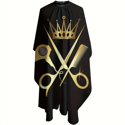 1-Piece Premium Black-and-Gold Barber Cape for with Crown, Scissors, Comb, and Hair Dryer Graphic, Durable Full-Coverage Haircutting Cape for Stylists, Salons, and Barbershops, Hair Styling Tools