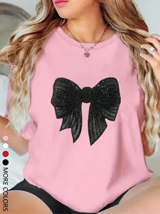 Women's Bow Print Round Neck Tee, Fashion Casual Crew Neck T-Shirt for Daily Holiday Vacation Outdoor Wear, Ladies Clothes for Summer, Top