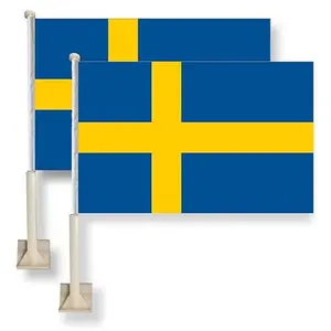 Sweden Car Window Flag-2 pack - 11X16Inch(28x40cm) 100% Polyester, Strong White Flagpole