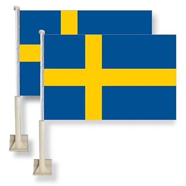 Sweden Car Window Flag-2 pack - 11X16Inch(28x40cm) 100% Polyester, Strong White Flagpole