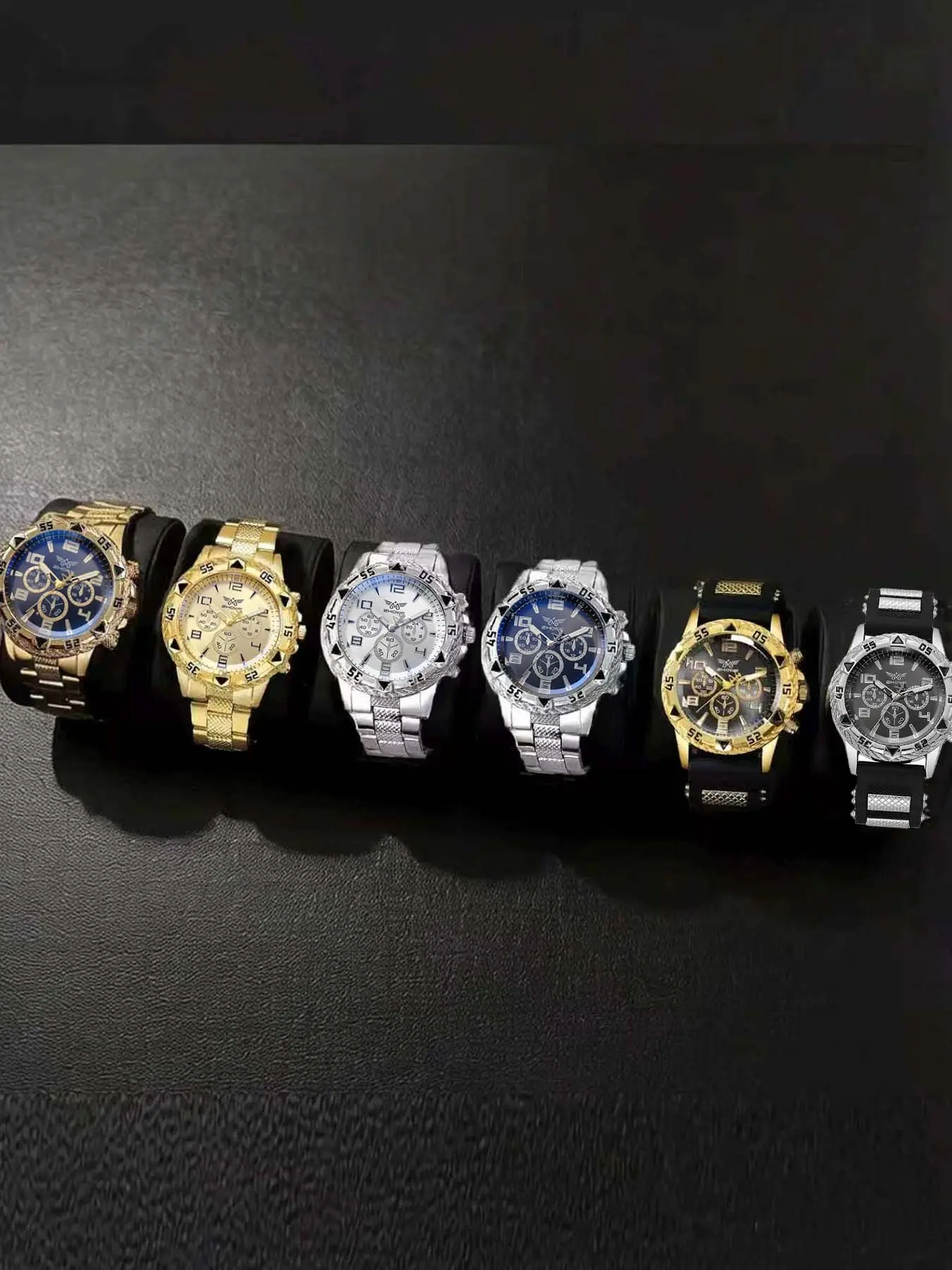 6-Piece Blue-Ray Glass Men's Business Quartz Analog Watches, Chronograph Style Sub-Dials Wristwatch with Steel Straps, Fashionable Watches Set