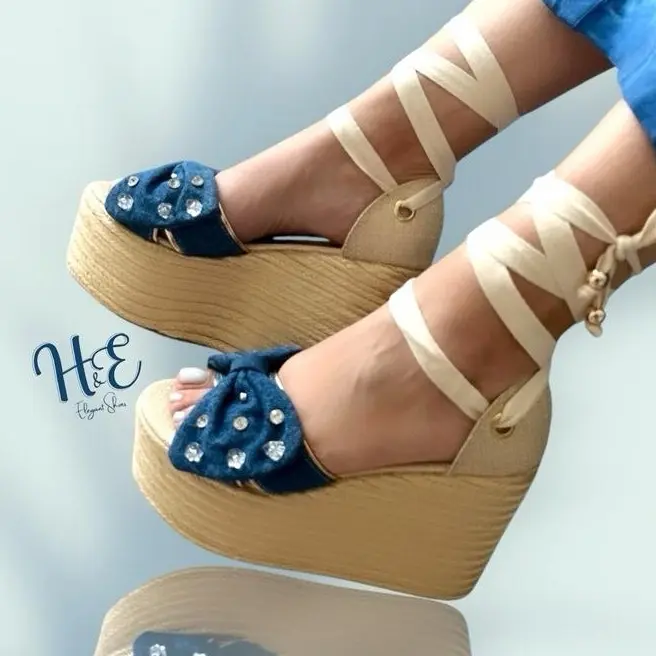 H&E Sandalias Yute Azules Jeans para Mujer Zapatos de Plataforma Elegantes y Cómodos