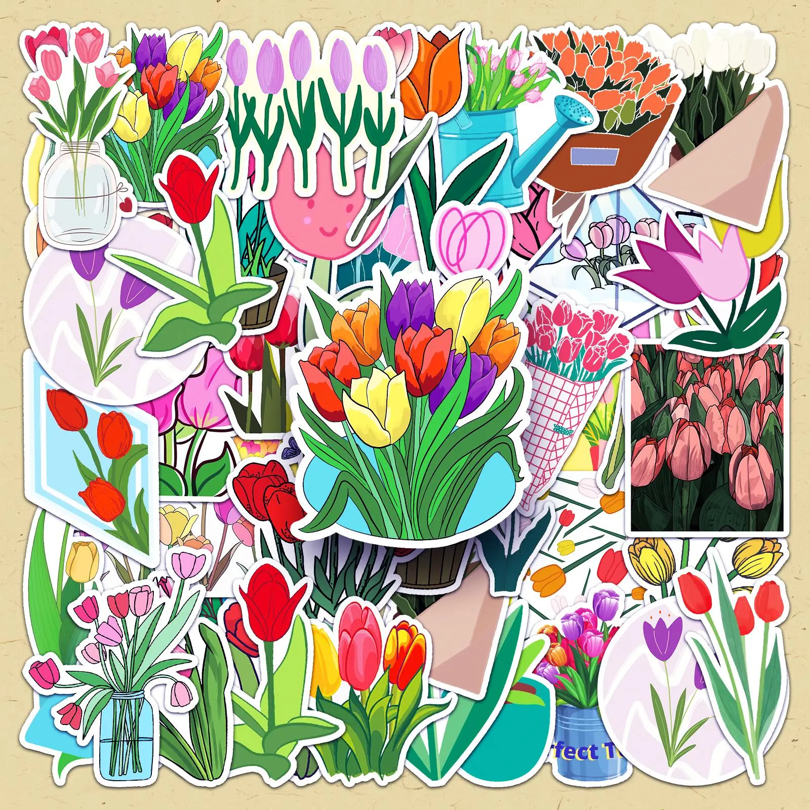 Tulip Pattern Sticker, 100pcs/set DIY Decorative Sticker, Scrapbooking & Stamping Supplies for Journal Making, Gift Wrapping, Greeting Card