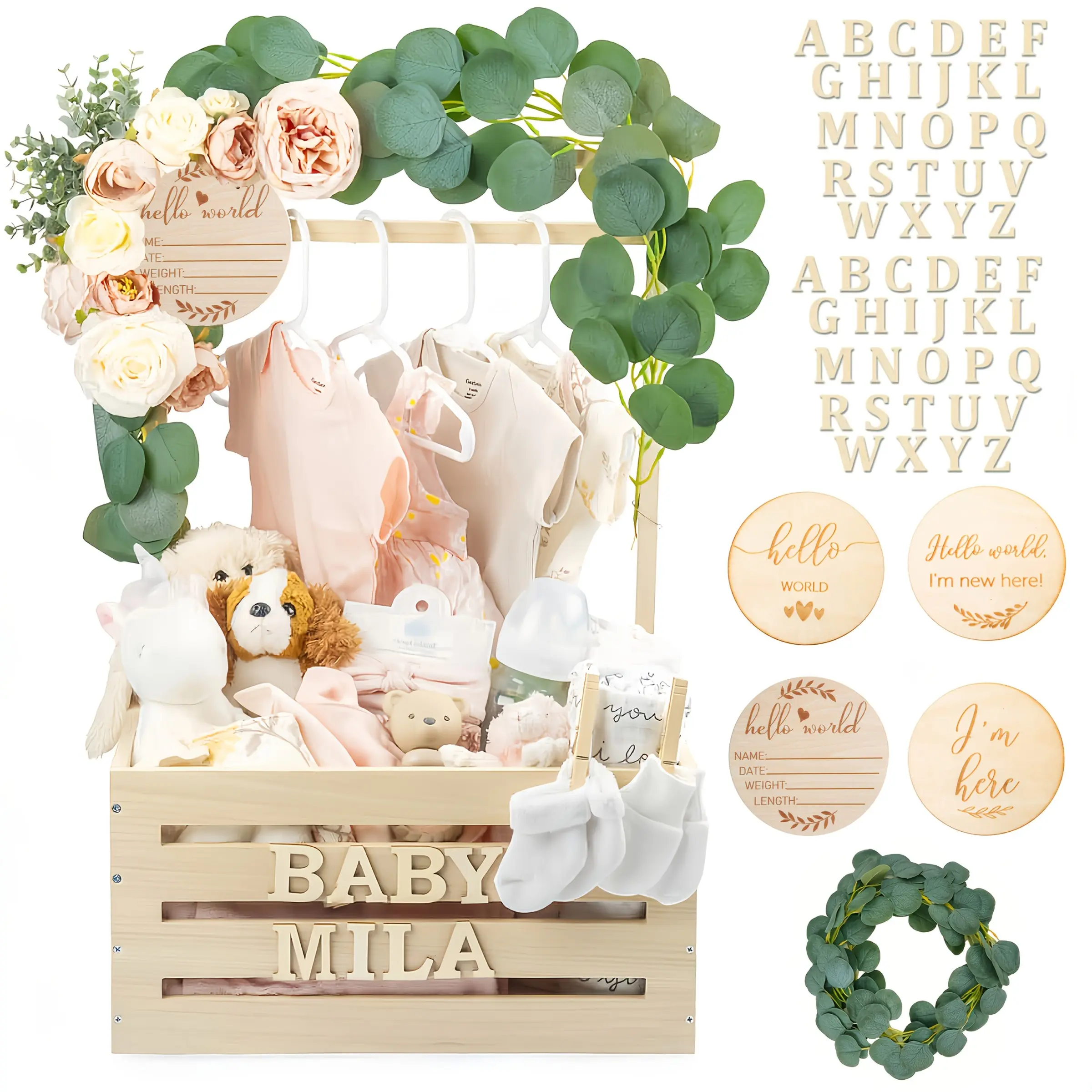 Wooden Baby Shower Crate Closet, Personalized Baby Shower Basket Alphabet Letters, Easy Assembly Baby Baskets for Baby Shower, Decorative Storage Basket, Suitable for Christmas and Halloween Gifts, Fall Decorations for Home