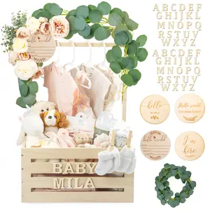 Wooden Baby Shower Crate Closet, Personalized Baby Shower Basket Alphabet Letters, Easy Assembly Baby Baskets for Baby Shower, Storage Basket, Suitable for Christmas and Halloween Gifts, Fall Decorations for Home