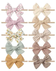10PCS Baby Girls Headbands Hair Bows Nylon Cotton Linen Hairbands Fine Handmade Hair Accessories for Newborn Infant Toddlers Little Girls-Embroidered Flower