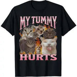 Cotton Gift Tee My Tummy Hurts Funny Cat Meme Bootleg Graphic T-Shirt casual cotton streetwear Fabric Menswear graphic men tee shirt streetwear for all PLK0007