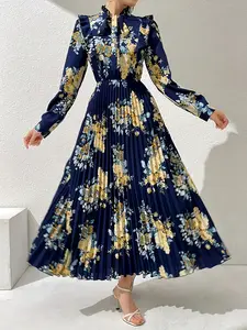 Elegant Floral Print Pleated Long Fitted Dress, Vintage Style Casual Maxi Skirt, Daily Wear, Women's Fashion Clothing