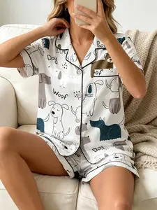 Women's Short Sleeve Button Down Top and Shorts Pajama Set, Spring Summer Wear, For Fun Lovers, White Base Funny Dog Woof Print, Classic Lapel Collar, Loose Fit, Comfortable For Home & Photo Shooting