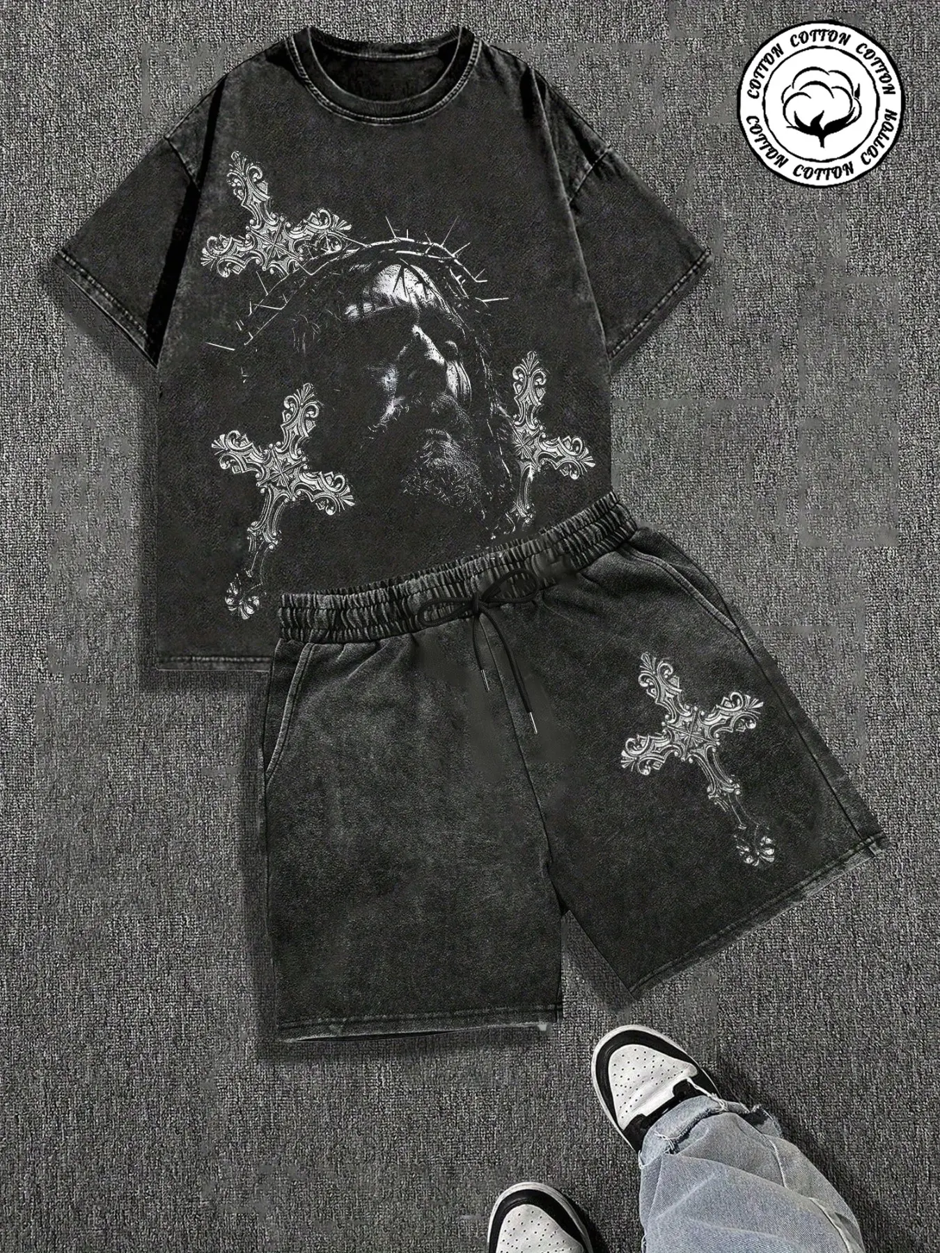 Men's Gothic Cross Streetwear Set, Loose Jesus Print T-Shirt & Cross Shorts, Comfortable Casual Fit, Unisex Punk Style Outfit