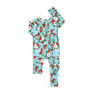 Christmas Blue Floral RUFFLE ZIP Baby Romper with 2-Way Zipper for Easy Diaper Changes Soft Bamboo Viscose Fabric & Mitten Cuff Arm Design