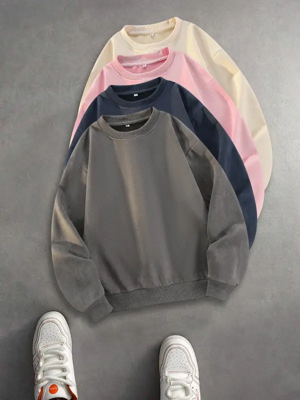Men’s crewneck sweatshirt, multi-pack for autumn/winter; loose, casual, versatile; minimalist basic solid-color sweatshirt