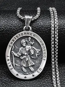 Stainless Steel Saint Christopher Protect Us Cross Medal Byzantine Necklace, Fashion Jewelry for Party, Daily Clothing Decor, Trendy All-match & Exquisite Jewelry for Gift